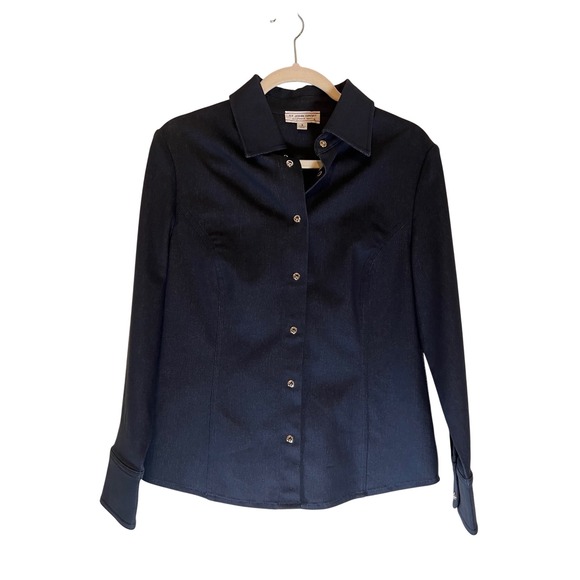 St John Sport Dark Wash Navy Sparkle Denim Button Up Shirt Top Women Small - Picture 4 of 9